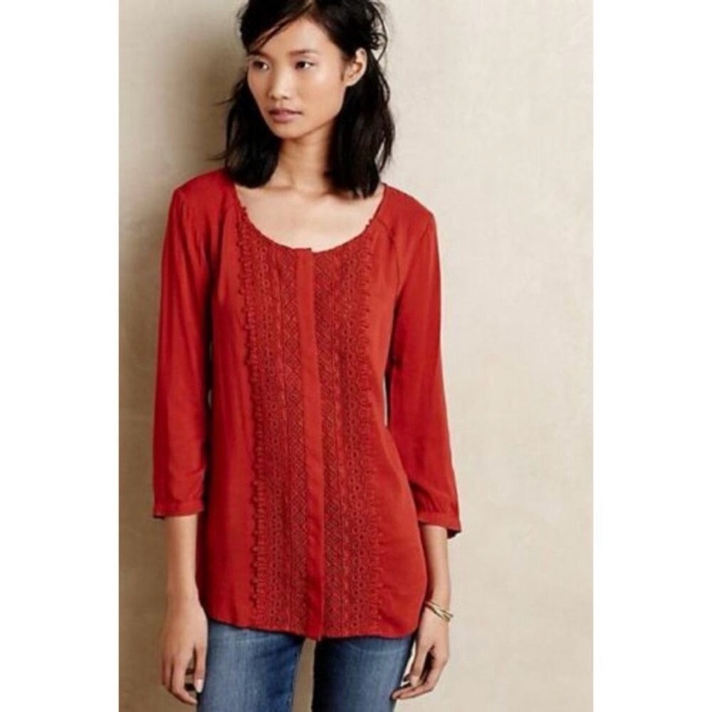 Maeve Anthropologie Crescent Street Blouse Rust Red Lace Boho Top Size 2